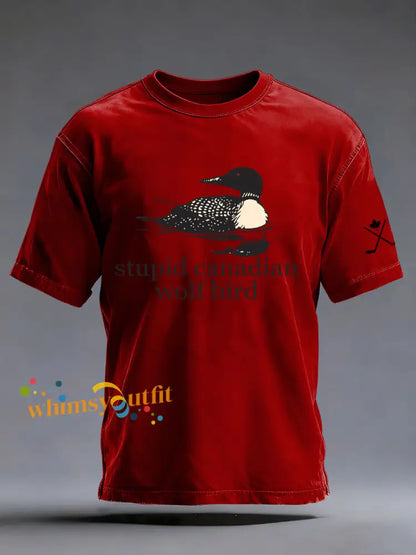 Men’s Stupid Canadian Wolf Bird Print Casual T-shirt Red / S