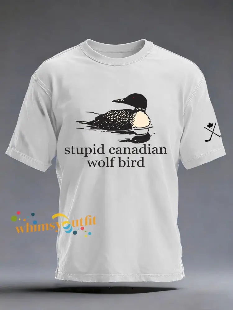 Men’s Stupid Canadian Wolf Bird Print Casual T-shirt White / S