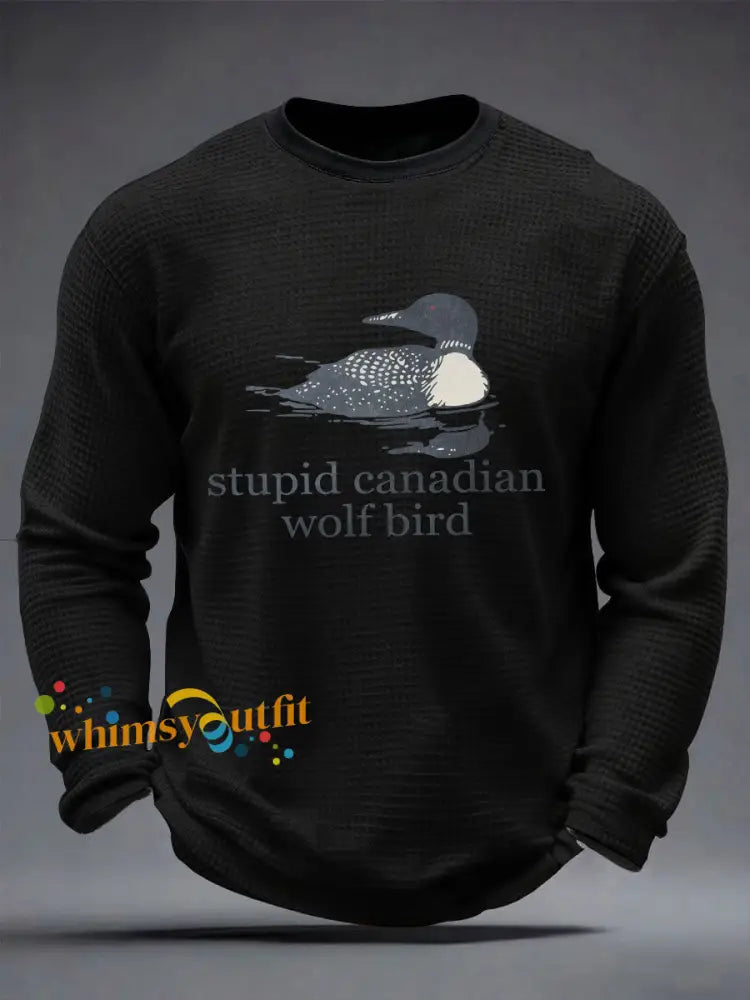 Men’s Stupid Canadian Wolf Bird Waffle Print Casual T-Shirt Black / S