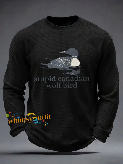 Men’s Stupid Canadian Wolf Bird Waffle Print Casual T-Shirt Black / S
