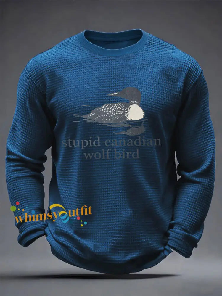 Men’s Stupid Canadian Wolf Bird Waffle Print Casual T-Shirt Blue / S