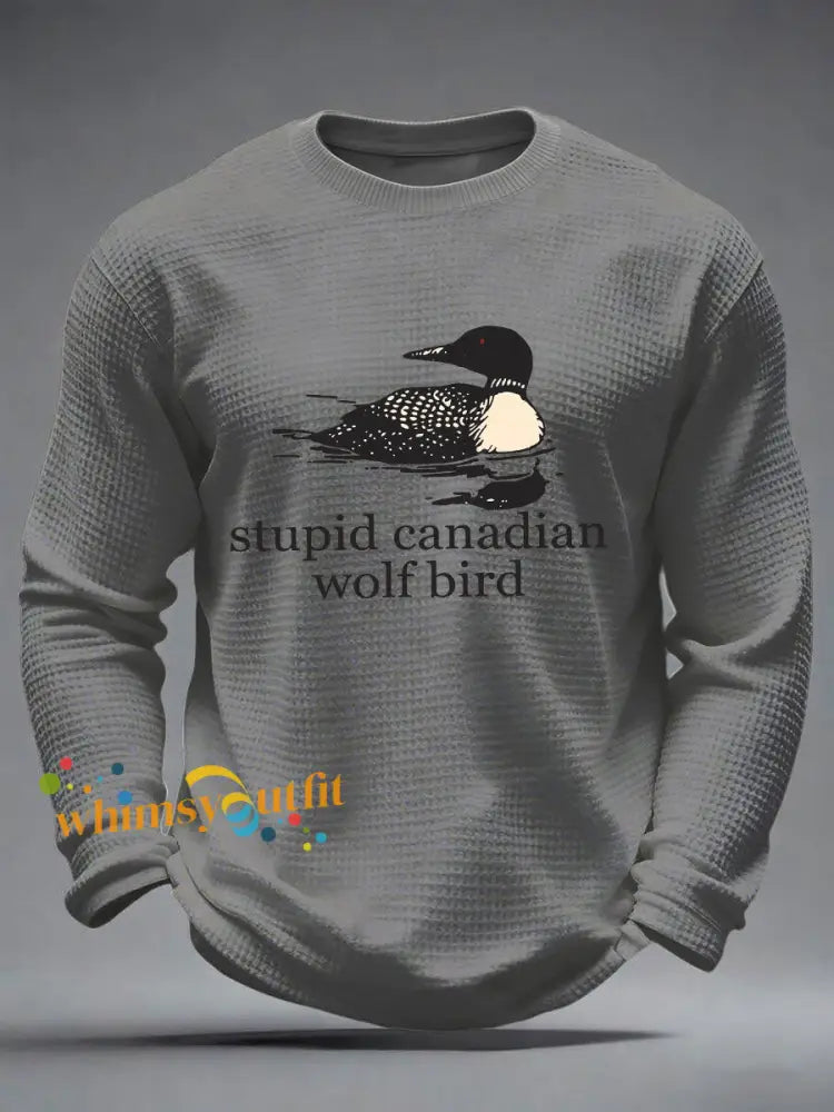 Men’s Stupid Canadian Wolf Bird Waffle Print Casual T-Shirt Gray / S