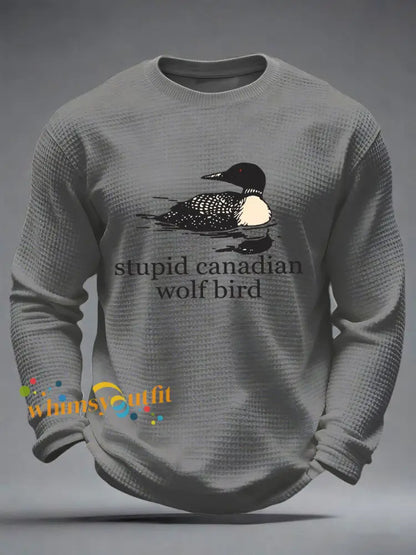 Men’s Stupid Canadian Wolf Bird Waffle Print Casual T-Shirt Gray / S