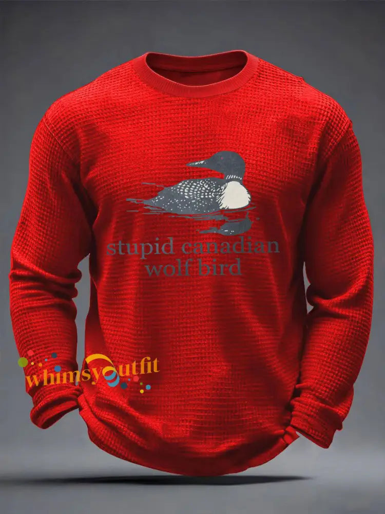 Men’s Stupid Canadian Wolf Bird Waffle Print Casual T-Shirt Red / S