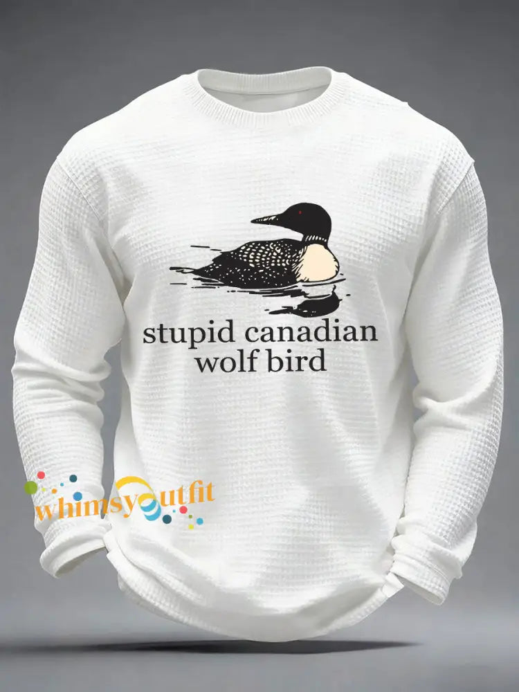 Men’s Stupid Canadian Wolf Bird Waffle Print Casual T-Shirt White / S