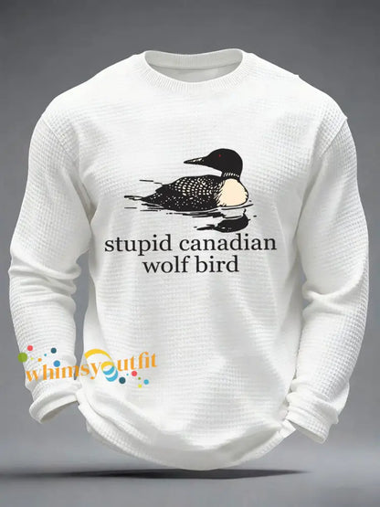 Men’s Stupid Canadian Wolf Bird Waffle Print Casual T-Shirt White / S