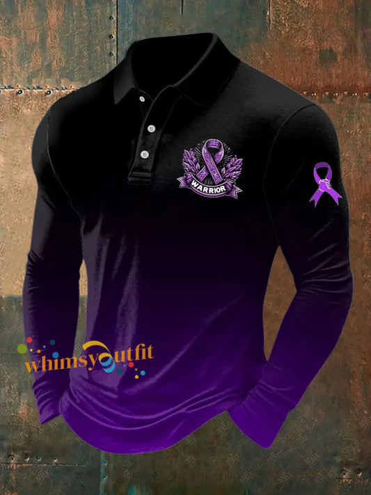 Men’s Testicular Cancer Print Stand Collar Casual Shirt Black Purple / S