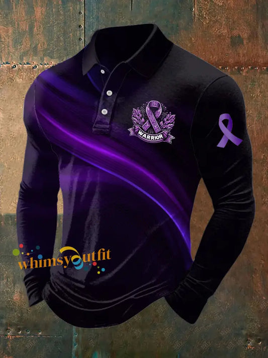 Men’s Testicular Cancer Print Stand Collar Casual Shirt Black Purple / S