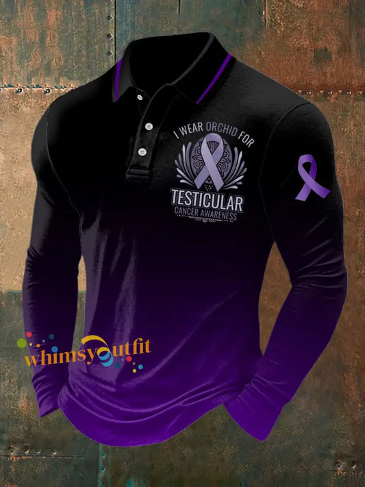 Men’s Testicular Cancer Print Stand Collar Casual Shirt Black Purple / S
