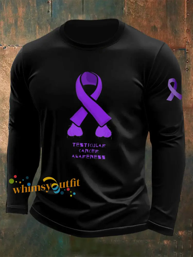 Men’s Testicular Cancer Printed Round Neck Long Sleeve T shirt Black / S