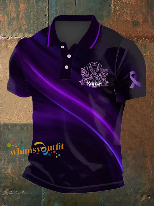 Men’s Testicular Cancer Printed Round Neck Short Sleeved Polo Shirt Black Purple / S