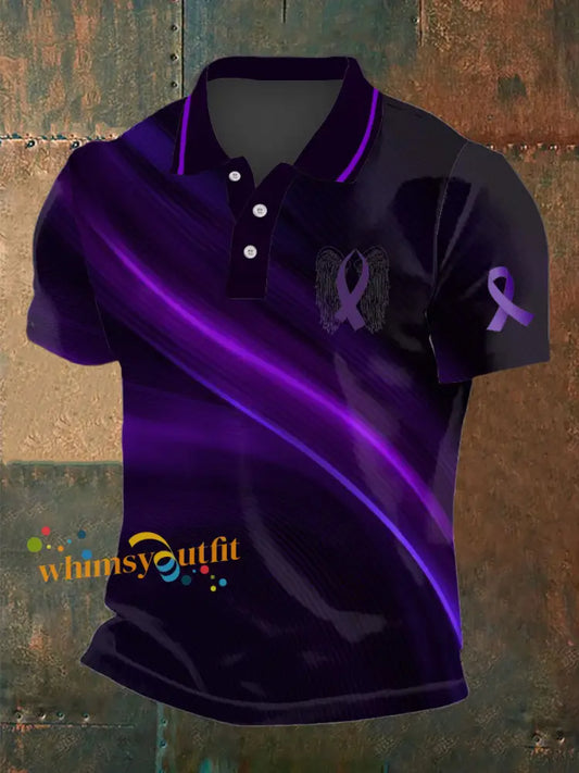 Men’s Testicular Cancer Printed Round Neck Short Sleeved Polo Shirt Black Purple / S