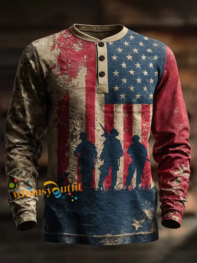 Men’s Veterans Day US Flag Printed Long Sleeve T-Shirt As picture / S