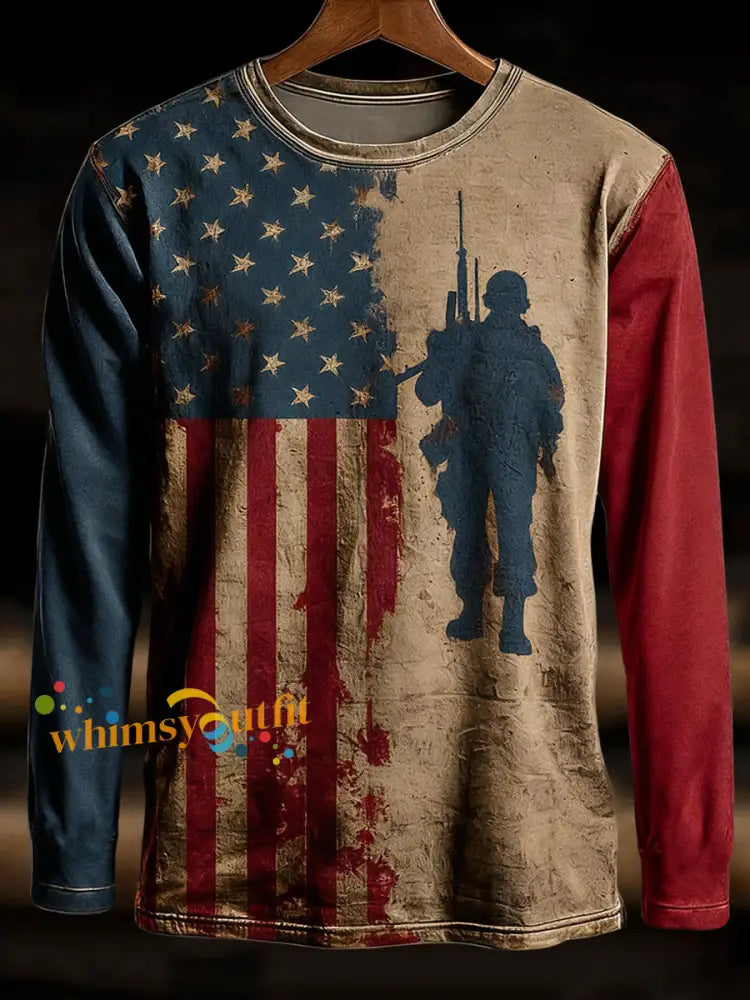 Men’s Veterans Day US Flag Printed Long Sleeve T-Shirt As picture / S