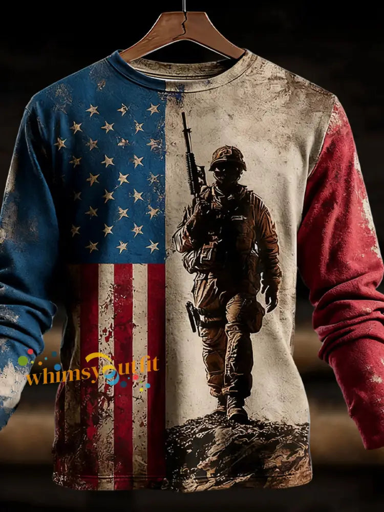 Men’s Veterans Day US Flag Printed Long Sleeve T-Shirt As picture / S