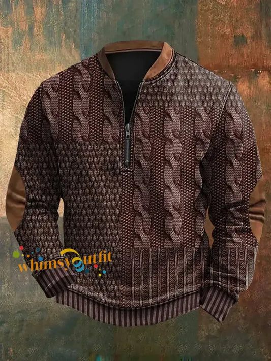 Men’s Vintage Cable Pattern Print Casual Zipper Sweatshirt Brown / S