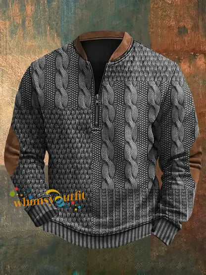 Men’s Vintage Cable Pattern Print Casual Zipper Sweatshirt Gray / S