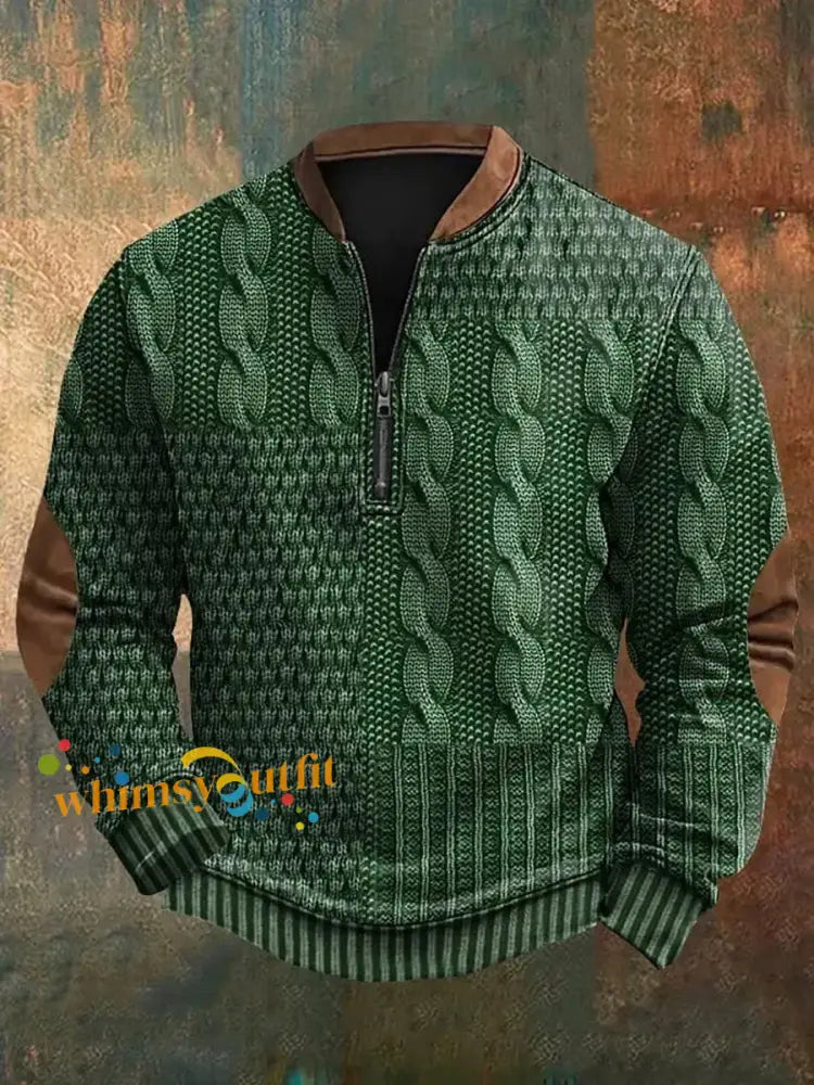 Men’s Vintage Cable Pattern Print Casual Zipper Sweatshirt Green / S