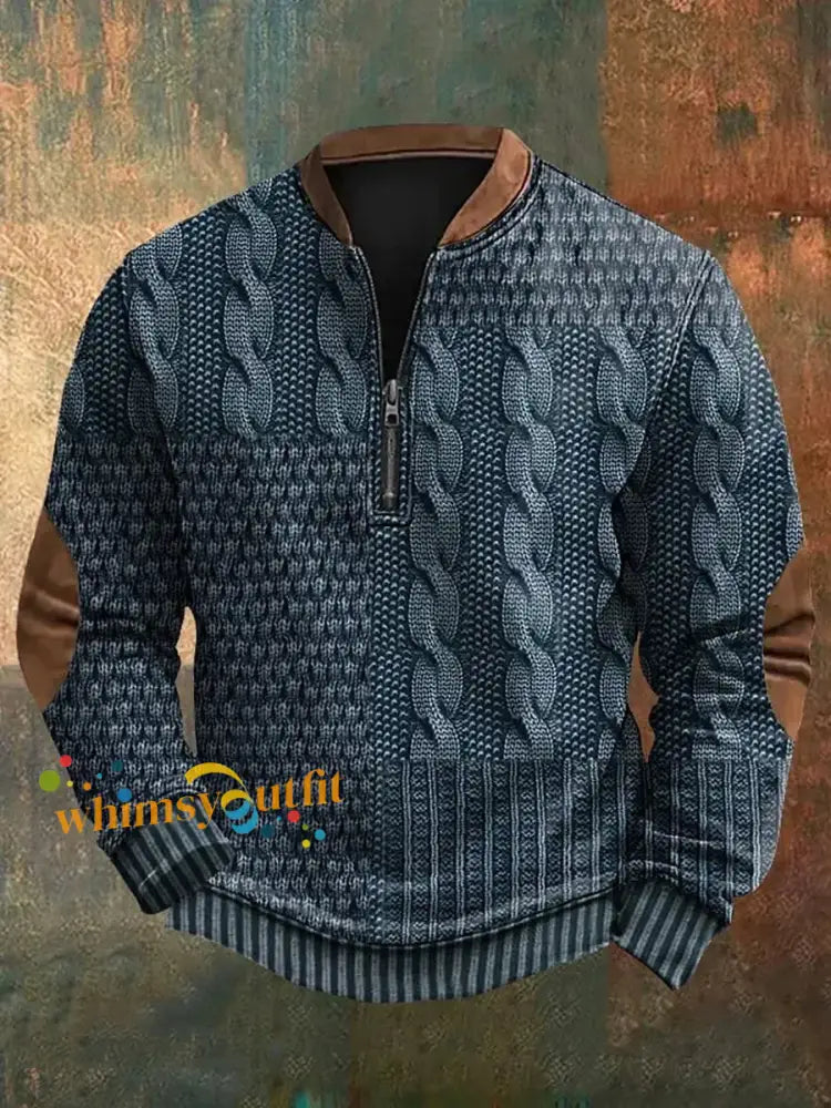 Men’s Vintage Cable Pattern Print Casual Zipper Sweatshirt Navy Blue / S