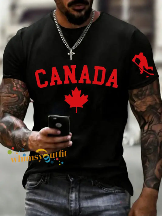 Men’s Vintage Canadian Maple Leaf Hockey Casual T-Shirt Black / S