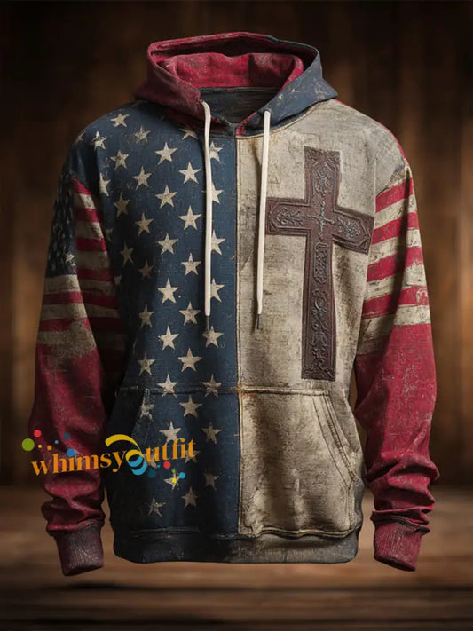 Men’s Vintage Casual American Flag Faith Cross Oversized Drop Shoulder Pockets Hoodie As picture / S