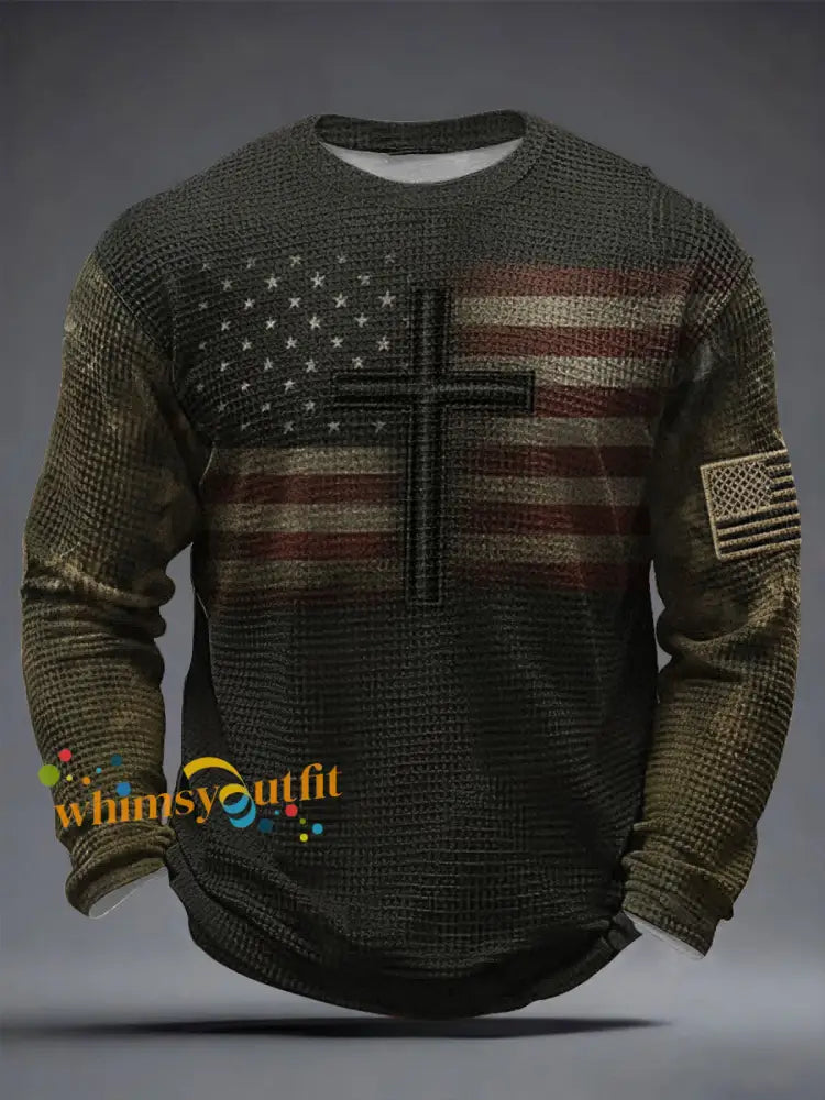 Men’s Vintage Faith Flag Cross Waffle Long Sleeve T-Shirt As picture / S