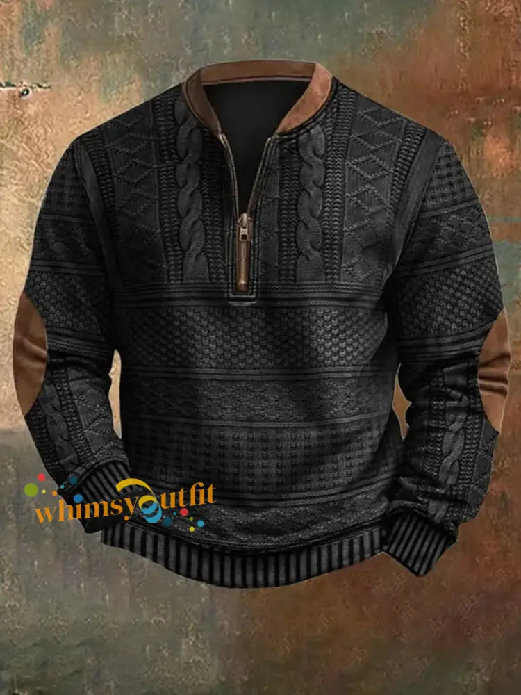 Men’s Vintage Knit Pattern Print Casual Zipper Sweatshirt Black / S