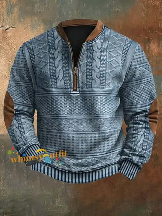 Men’s Vintage Knit Pattern Print Casual Zipper Sweatshirt Blue / S