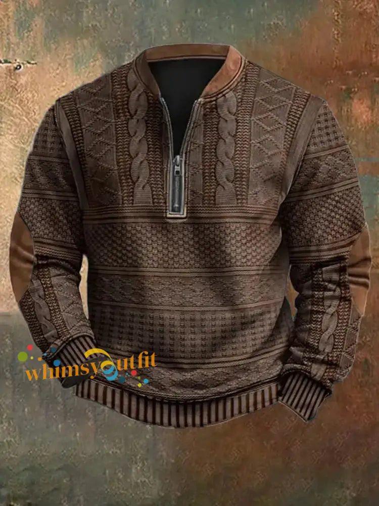 Men’s Vintage Knit Pattern Print Casual Zipper Sweatshirt Brown / S