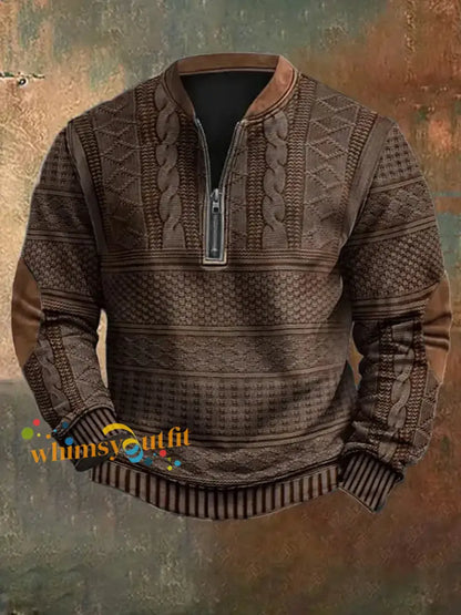 Men’s Vintage Knit Pattern Print Casual Zipper Sweatshirt Brown / S