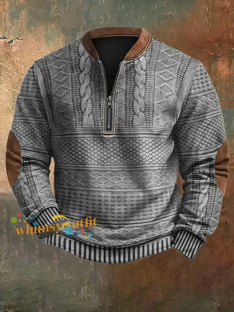 Men’s Vintage Knit Pattern Print Casual Zipper Sweatshirt Gray / S