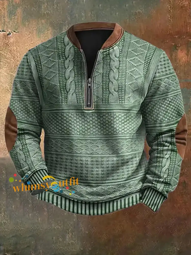 Men’s Vintage Knit Pattern Print Casual Zipper Sweatshirt Green / S