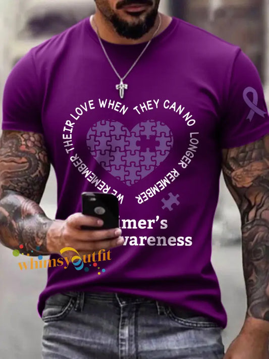 Men’s We Remember Their Love Alzheimer’s Awareness Print T Shirt Deep Purple / S
