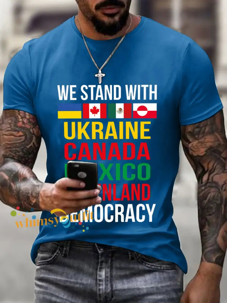 Men’s We Stand with Ukraine Canada Mexico Greenland Print T-Shirt Blue / S