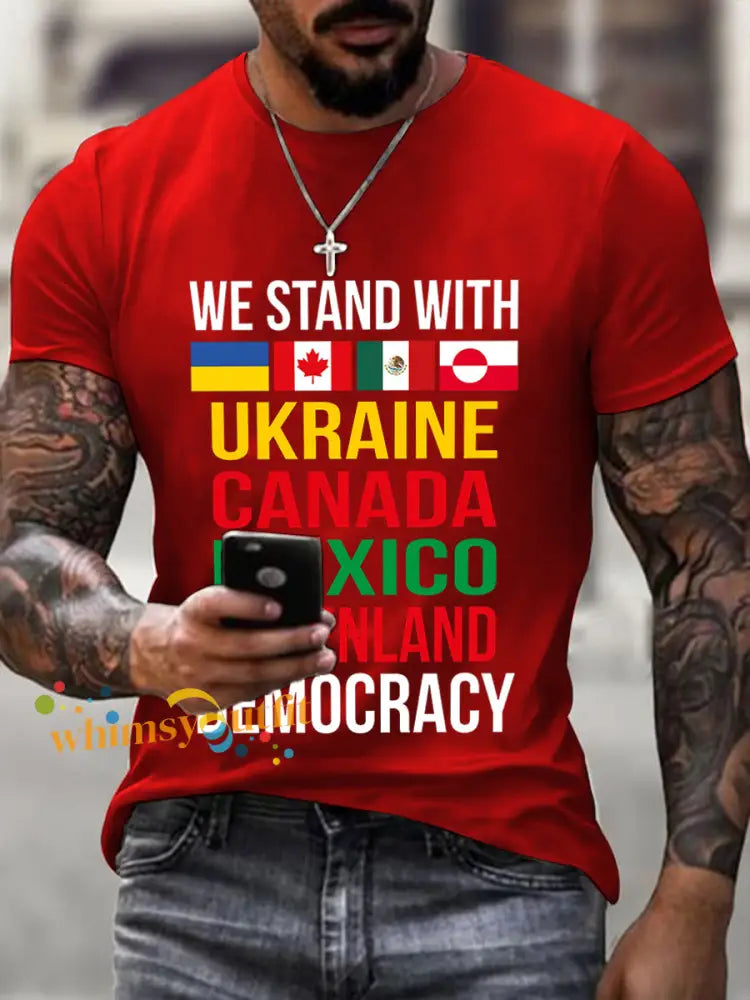Men’s We Stand with Ukraine Canada Mexico Greenland Print T-Shirt Red / S