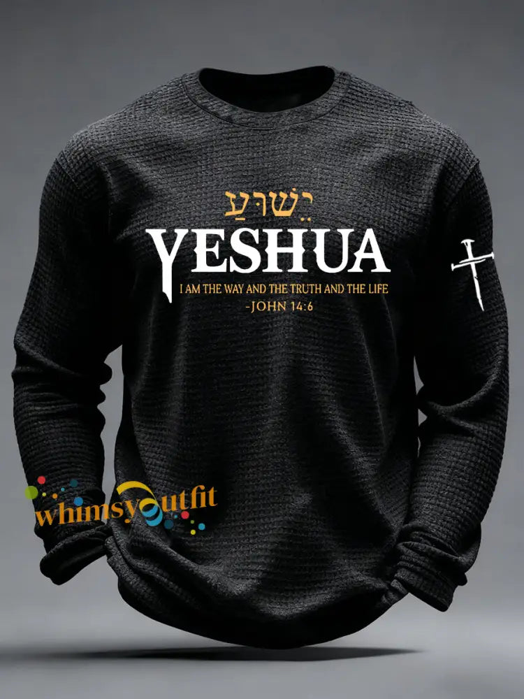 Men’s Yeshua Christian The Way The Truth & The Life John 14:6 Cross Waffle Long Sleeve T-Shirt Black / S