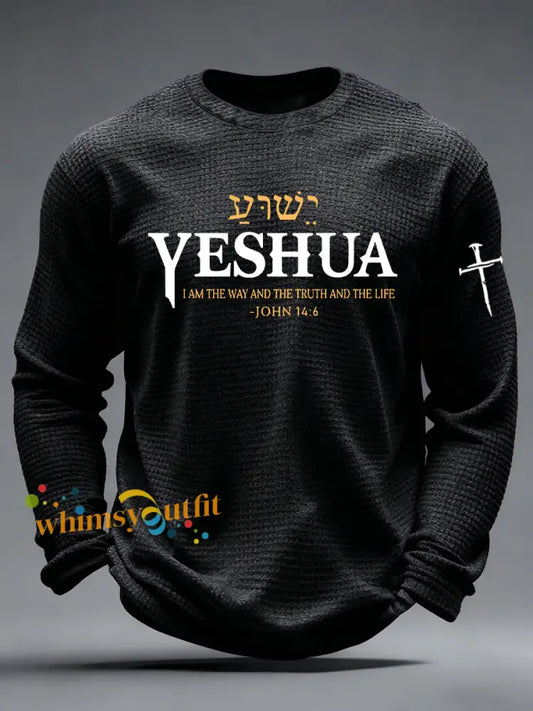 Men’s Yeshua Christian The Way The Truth & The Life John 14:6 Cross Waffle Long Sleeve T-Shirt Black / S