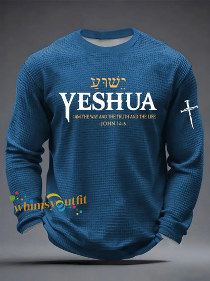 Men’s Yeshua Christian The Way The Truth & The Life John 14:6 Cross Waffle Long Sleeve T-Shirt Blue / S