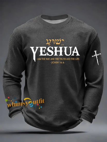 Men’s Yeshua Christian The Way The Truth & The Life John 14:6 Cross Waffle Long Sleeve T-Shirt Dark Gray / S