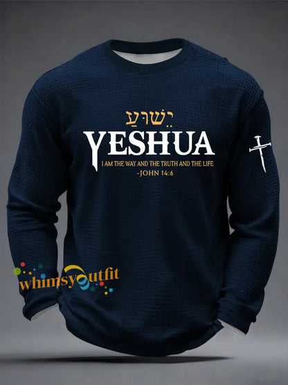 Men’s Yeshua Christian The Way The Truth & The Life John 14:6 Cross Waffle Long Sleeve T-Shirt Navy Blue / S