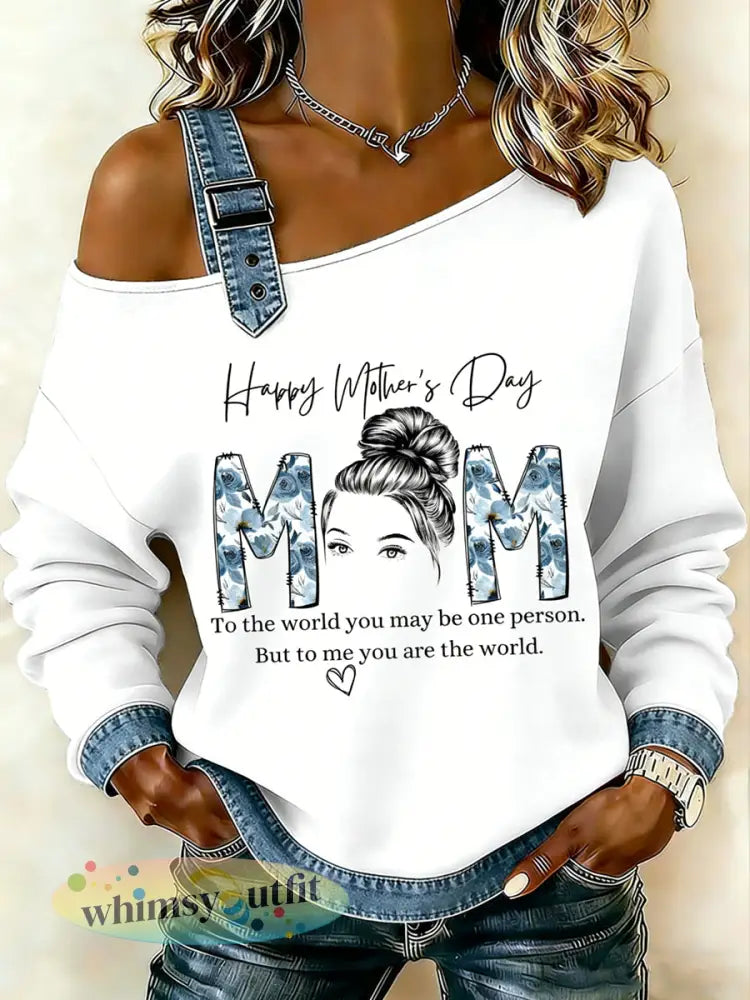 Moederdag dames bedrukt één schouderbretels casual sweatshirt - Wit / S