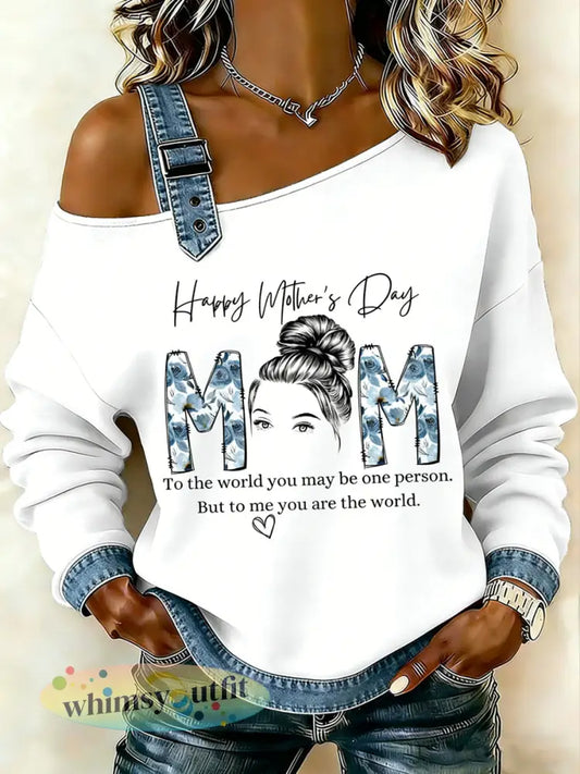 Moederdag dames bedrukt één schouderbretels casual sweatshirt - Wit / S