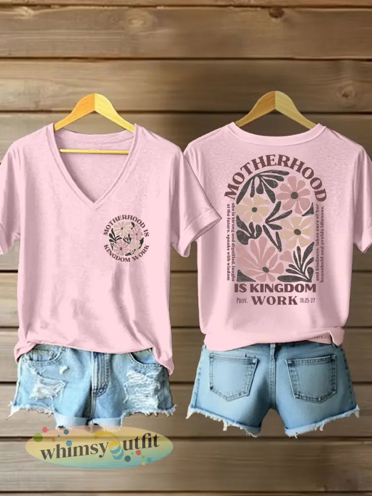 ’Moederschap is koningrijk werk’ voor dames gedrukt casual T-shirt - Lichtroze / S