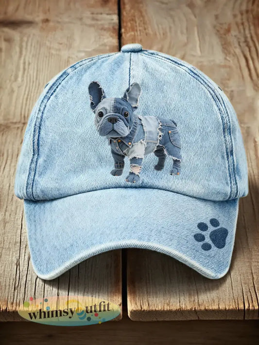 Mooie Franse Bulldog Patchwork Art Hat - Blauw / ÉÉN
