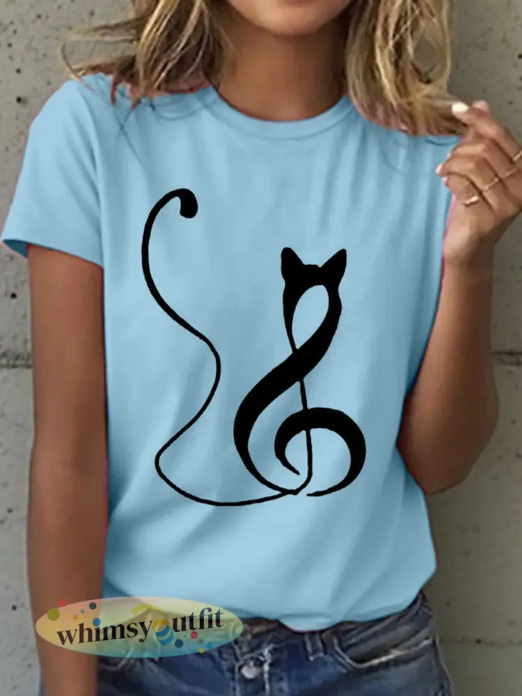 Muzieknotities voor dames en T-shirt met kattenprint - Blauw / S