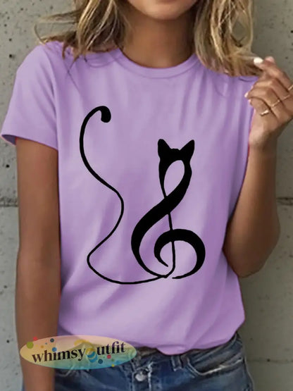 Muzieknotities voor dames en T-shirt met kattenprint - Purper / S