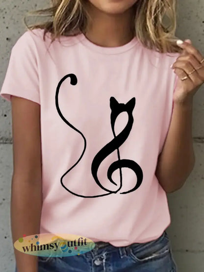 Muzieknotities voor dames en T-shirt met kattenprint - Roze / S