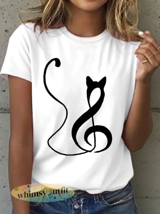 Muzieknotities voor dames en T-shirt met kattenprint - Wit / S