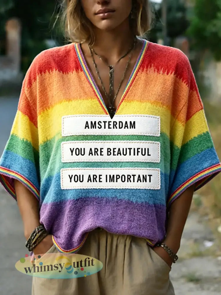 Nederland Amsterdam Rainbow Pride Print Casual T-shirt met V-hals - Veelkleurig / S