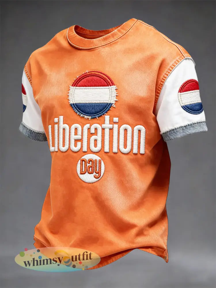 Nederland Bevrijdingsdag 3D Patchwork Print Casual T-shirt - Sinaasappel / S